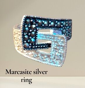 Marcasite Silvertone Bypass cocktail statement ring sz 6.5 us~ Signed